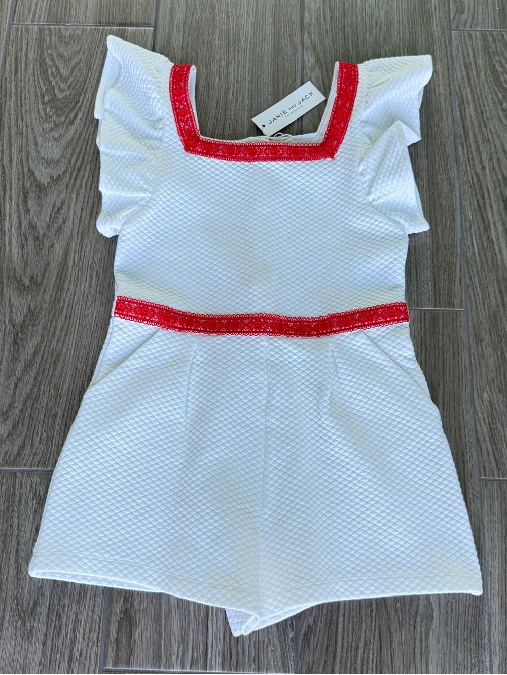 NWT Janie and Jack White Knit Romper with Red Trim